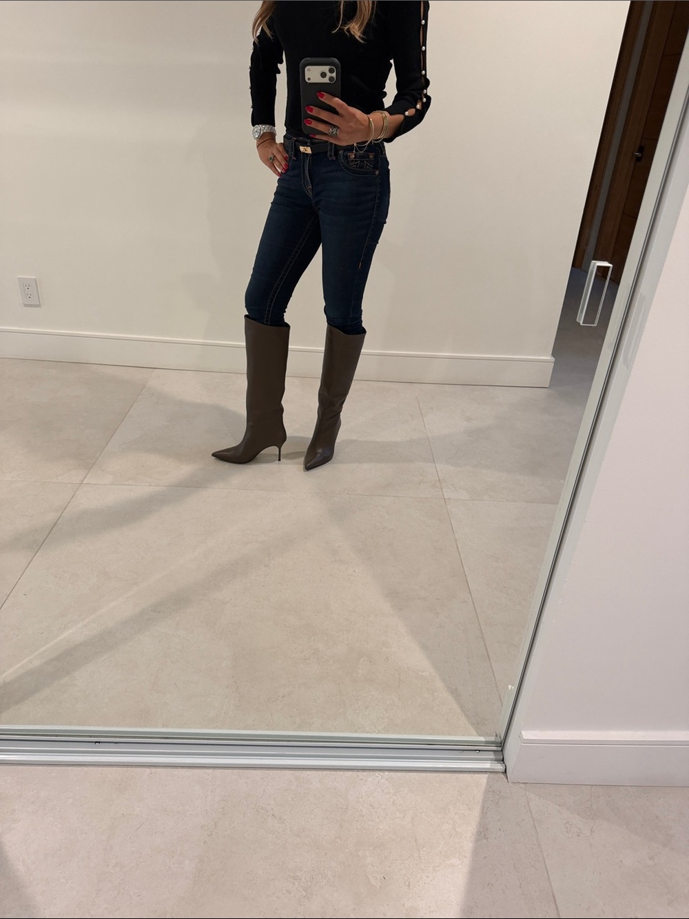 STAUD Olive Brown Knee-High Pointed-Toe Boots
